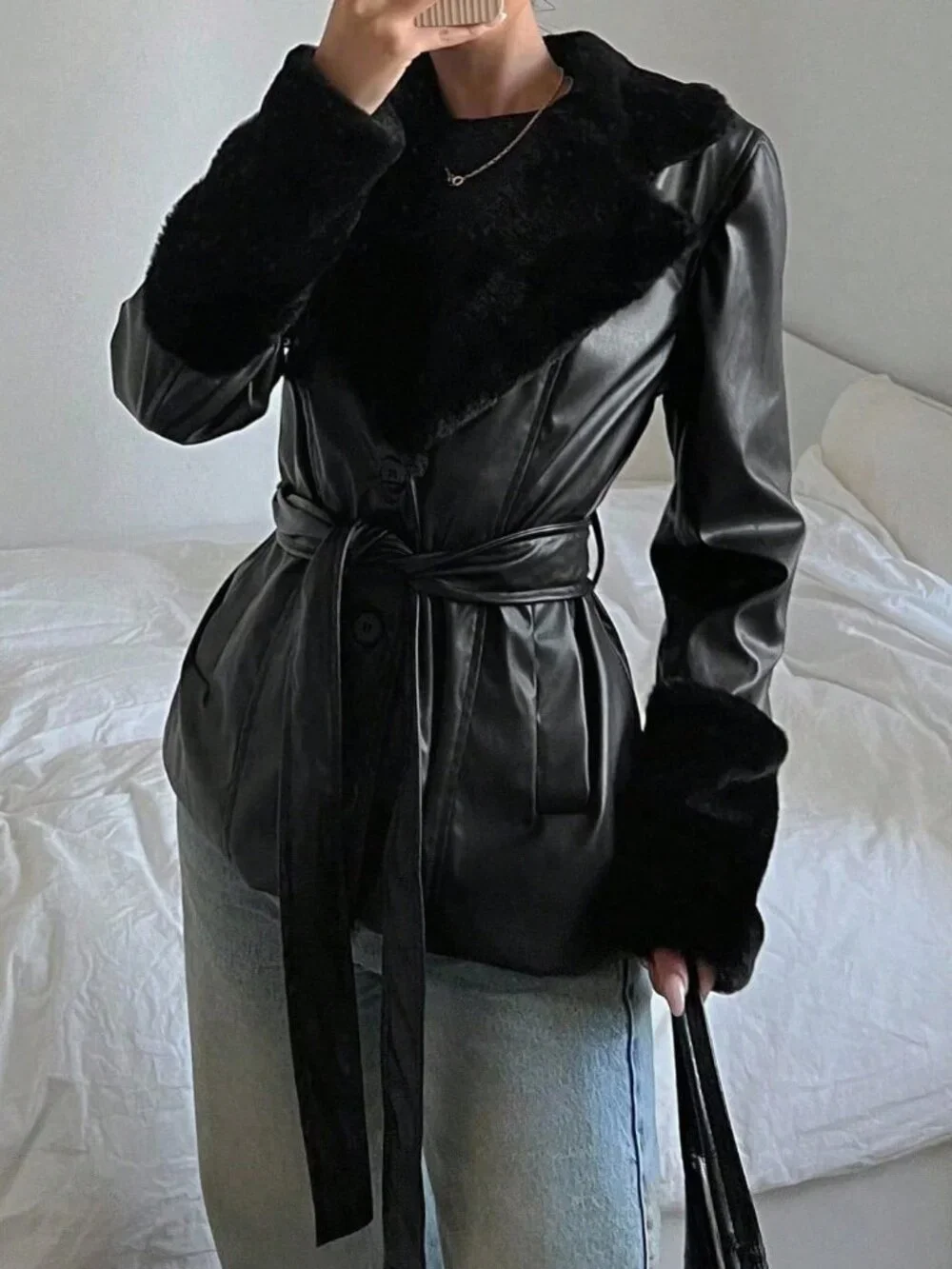 Black contemporary Women's Long Sleeve belted faux leather fur trim Jacket - Picture 6 of 7